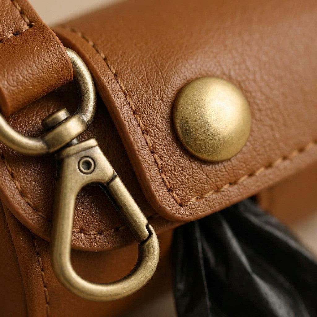 Portabolsas Cognac para perro — detalle de materiales — Mora & Bigotes