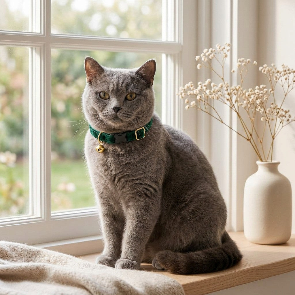 Collar Esmeralda de Terciopelo para gato — en uso — Mora & Bigotes
