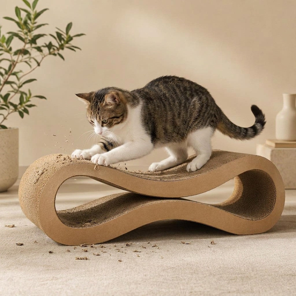 Rascador Onda de Cartón para gato — en uso — Mora & Bigotes