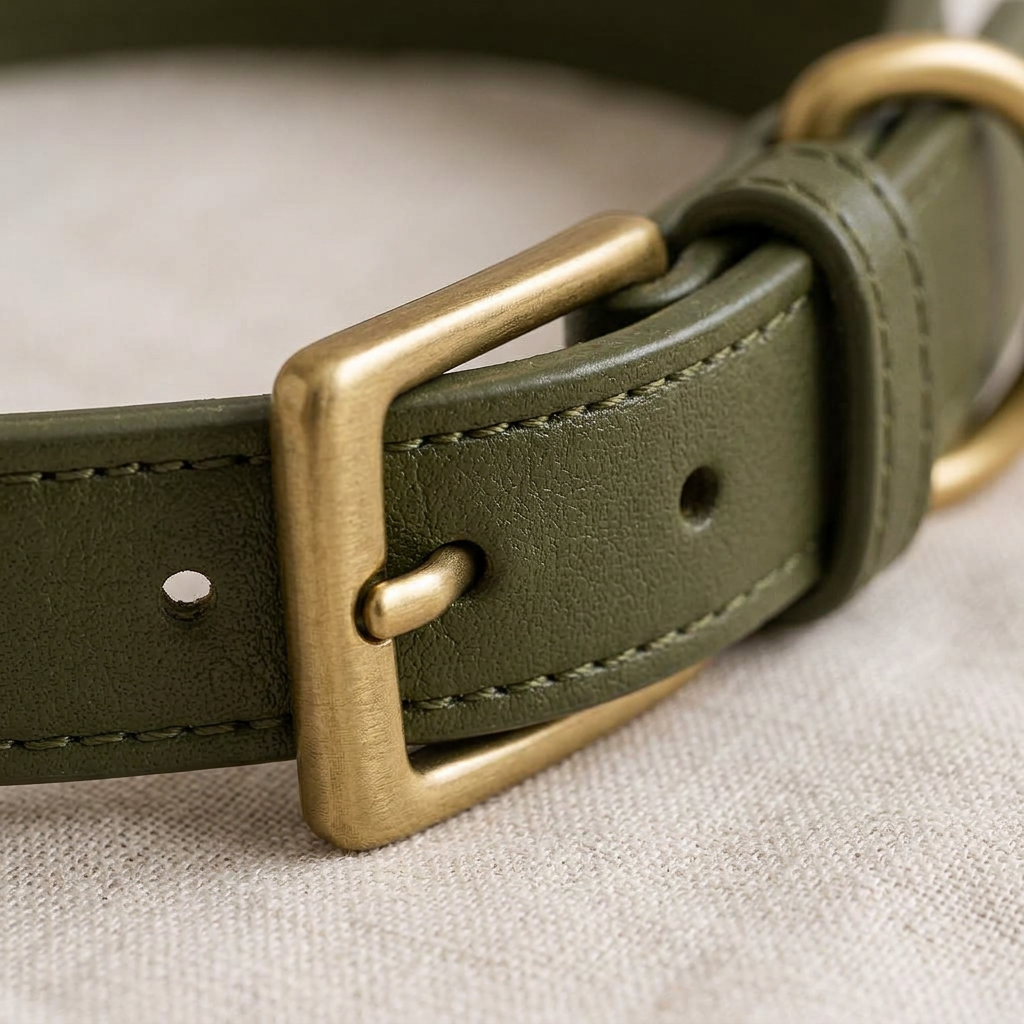 Collar Oliva para perro — detalle de materiales — Mora & Bigotes